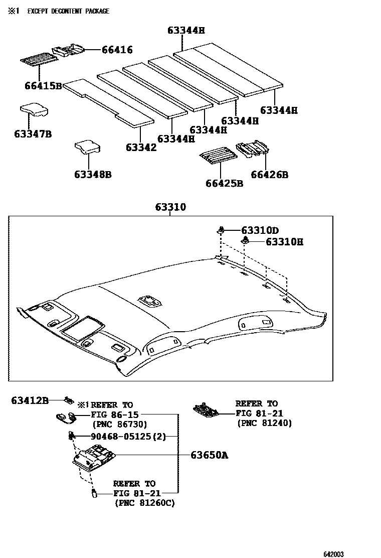 Toyota CAMRY 车顶内衬和消声垫 EPC diagram — 642003