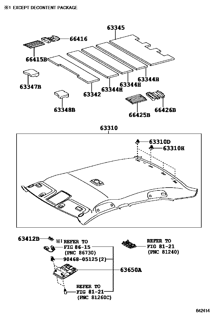 Toyota CAMRY 车顶内衬和消声垫 EPC diagram — 642414