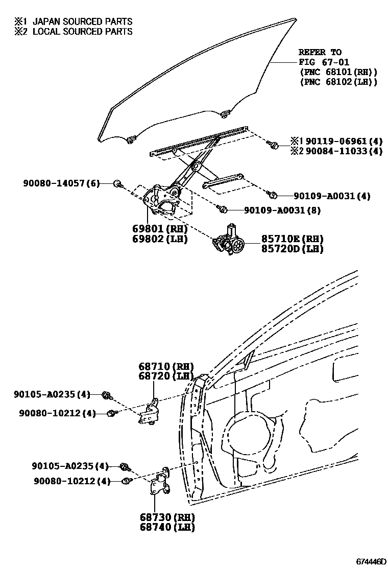 Toyota CAMRY 前门车窗升降器和合页 EPC diagram — 674446D
