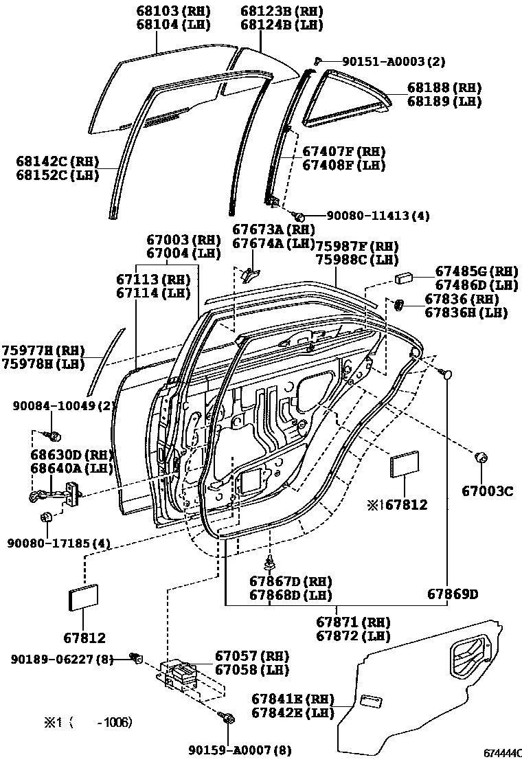 Toyota CAMRY 后门板和后门玻璃 EPC diagram — 674444C