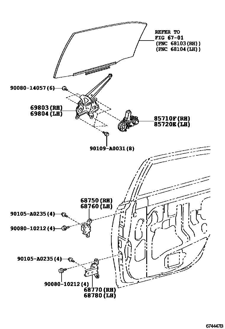 Toyota CAMRY 后门车窗升降器和合页 EPC diagram — 674447B