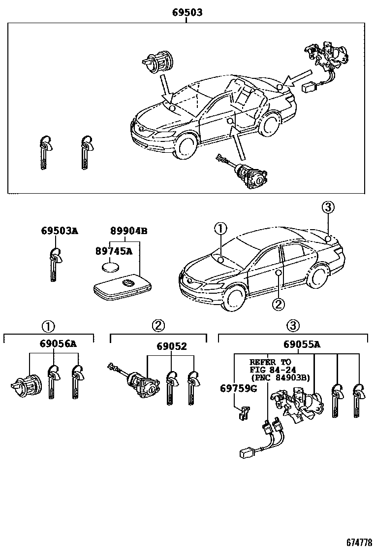 Toyota CAMRY 锁芯组件 EPC diagram — 674778
