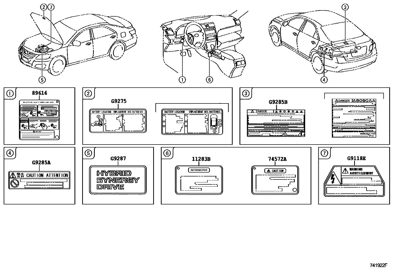 Toyota CAMRY 警示铭牌(车外和车内) EPC diagram — 741922F
