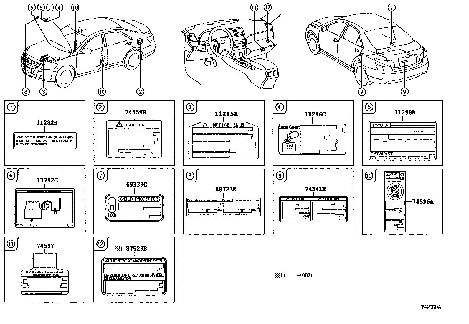 Toyota CAMRY 警示铭牌(车外和车内) EPC diagram — 742060A