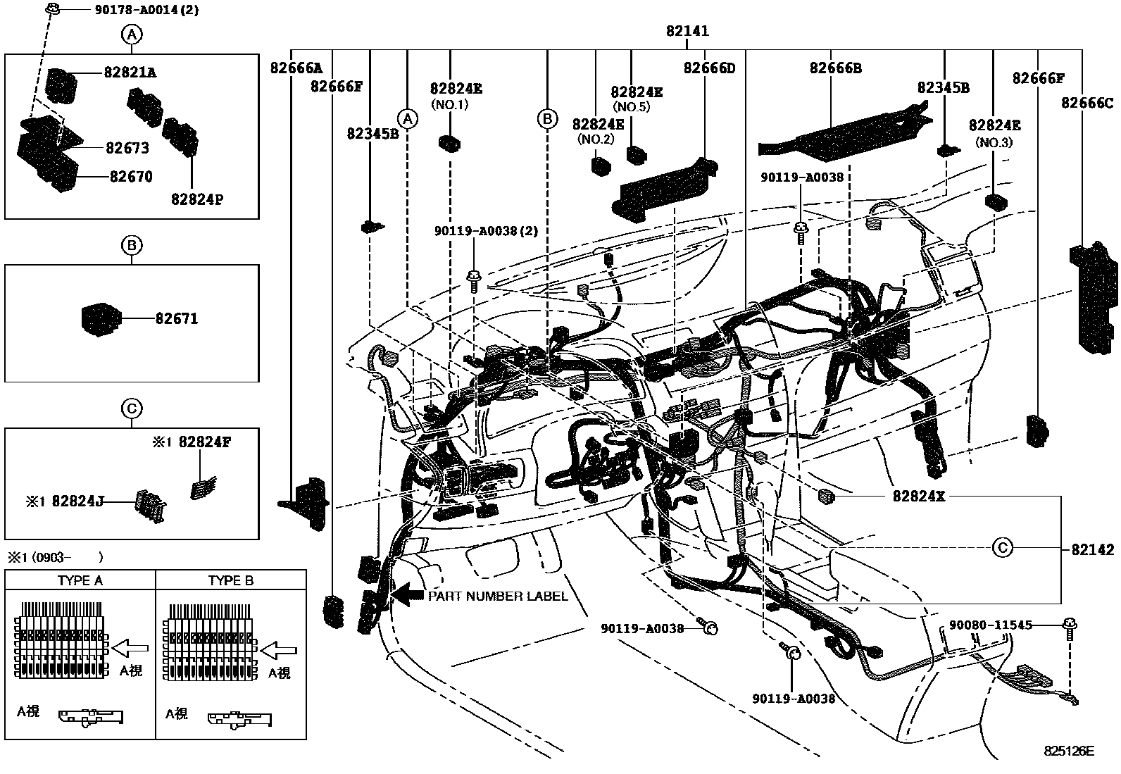 Toyota CAMRY 线束和卡夹 EPC diagram — 825126E