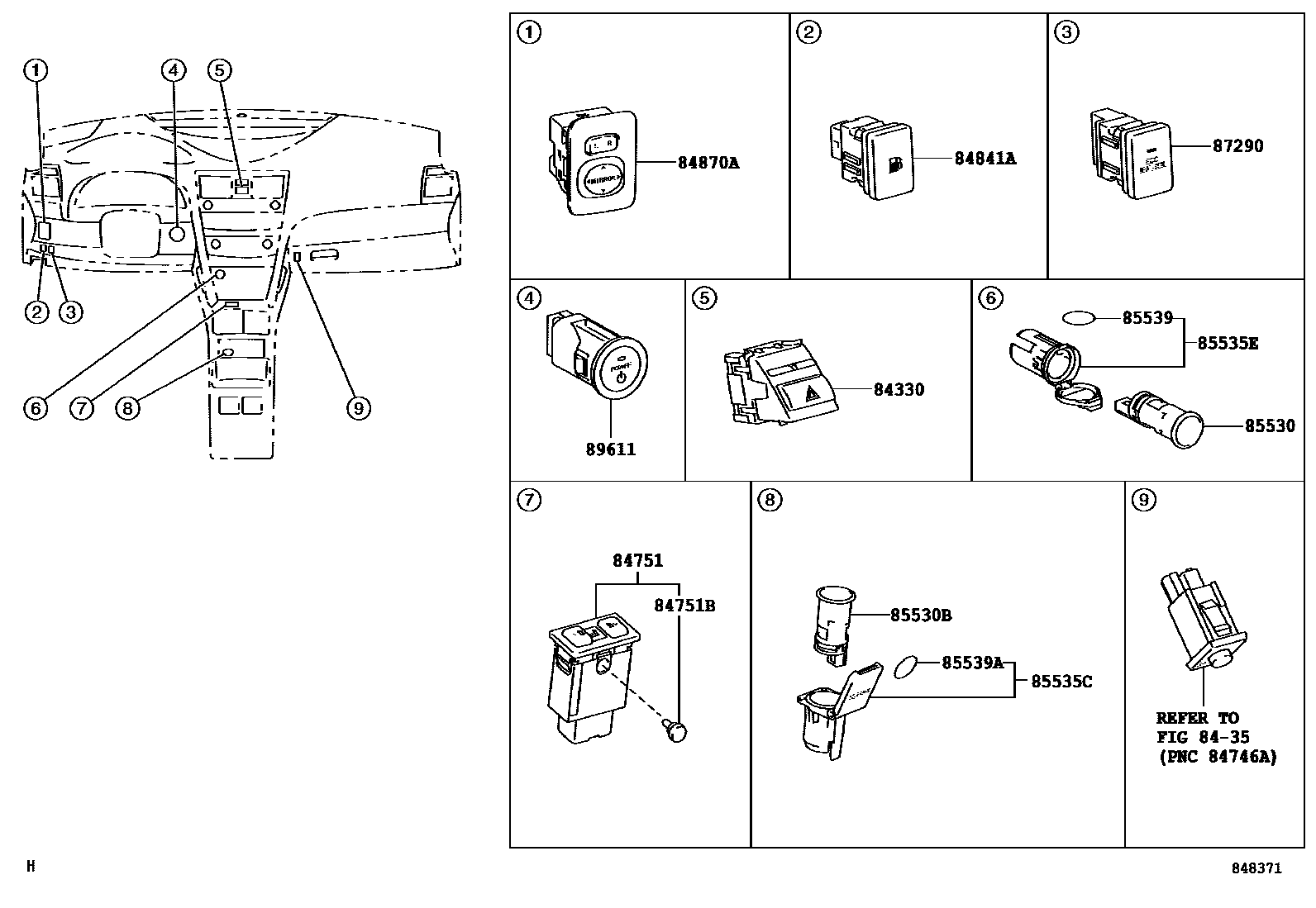 Toyota CAMRY 开关和继电器和ECU EPC diagram — 848371