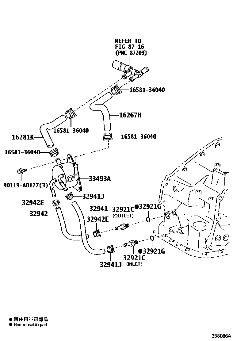 Toyota CAMRY 变速器油冷却器和配管(ATM) EPC diagram — 358086A