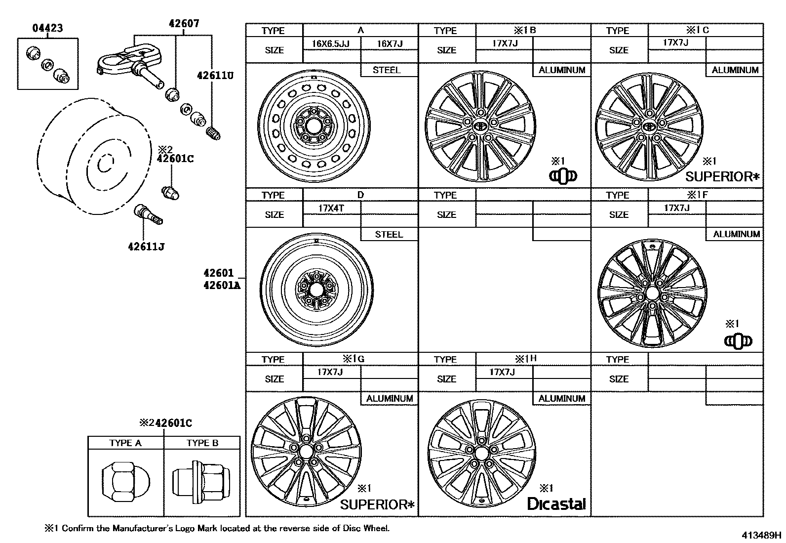 Toyota CAMRY 车轮和车轮盖 EPC diagram — 413489H
