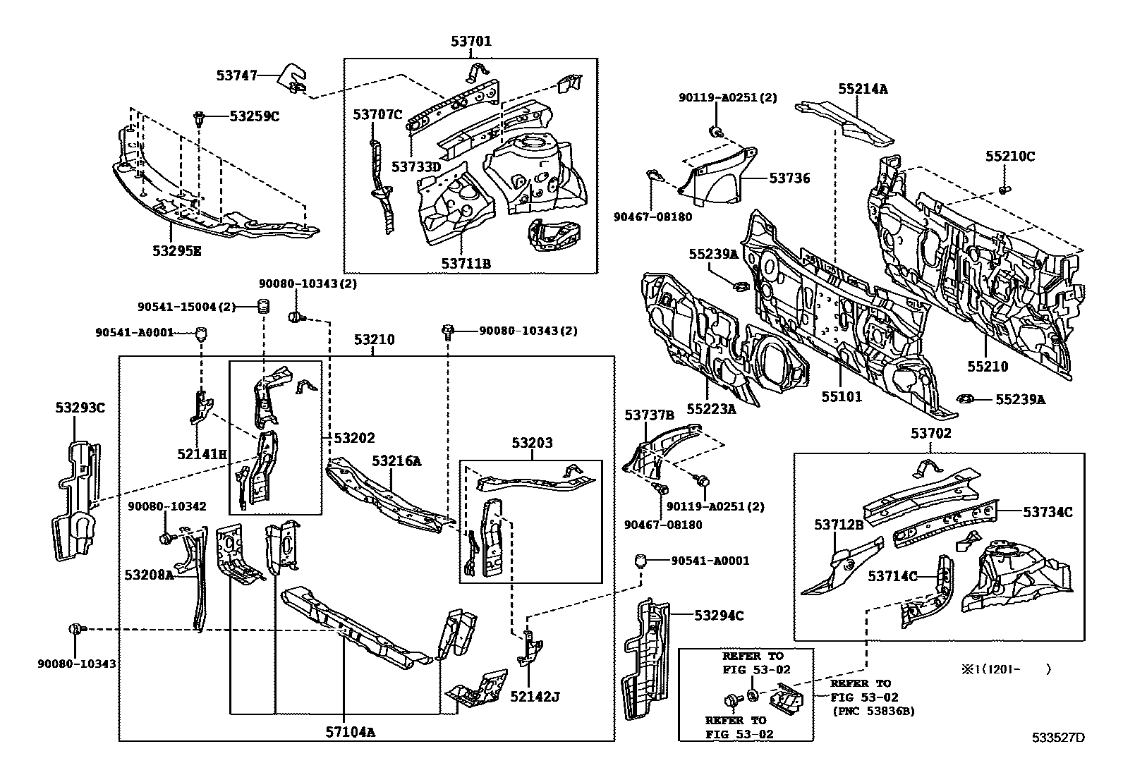 Toyota CAMRY 前翼子板挡泥板和前围板 EPC diagram — 533527D