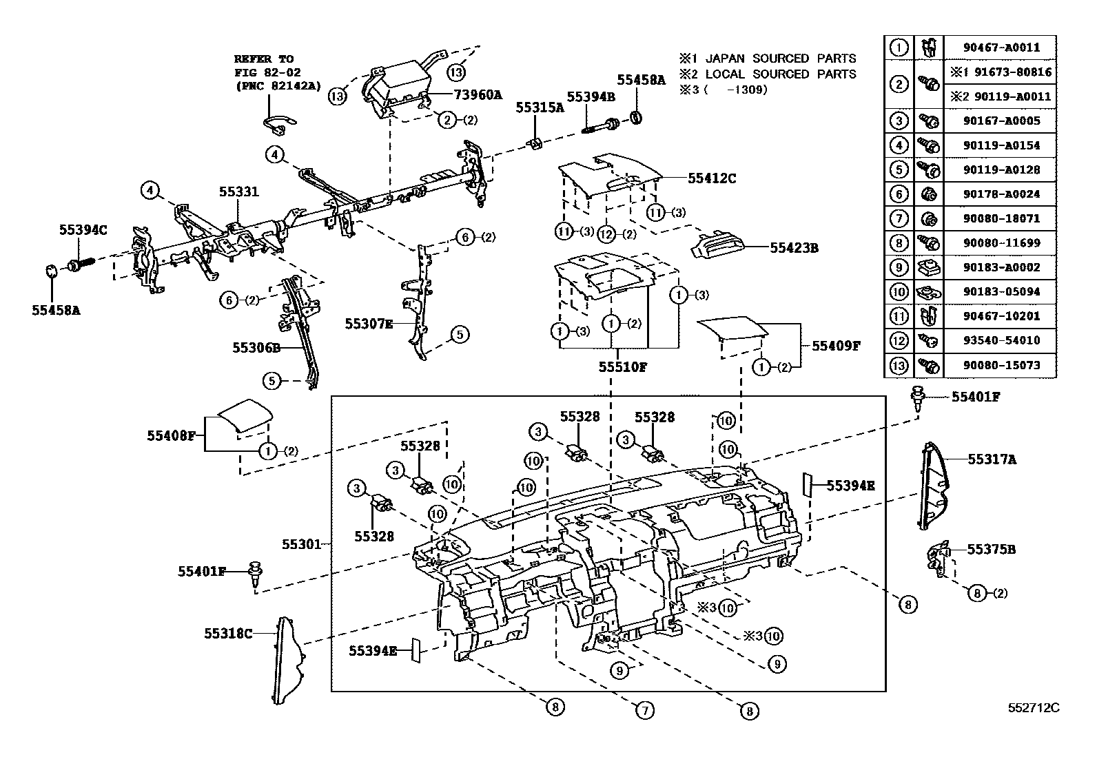 Toyota CAMRY 仪表板和手套箱 EPC diagram — 552712C