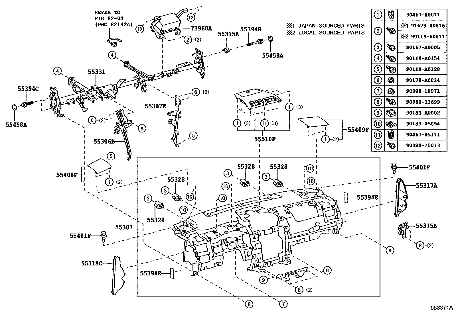 Toyota CAMRY 仪表板和手套箱 EPC diagram — 553371A