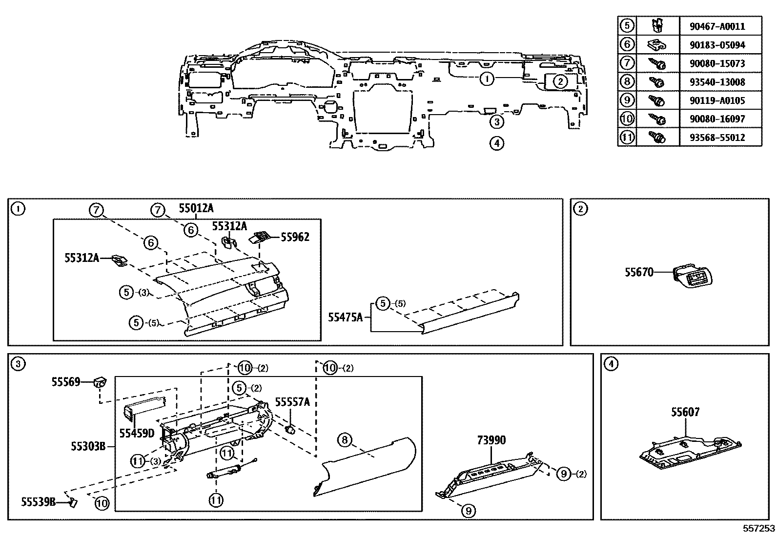 Toyota CAMRY 仪表板和手套箱 EPC diagram — 557253