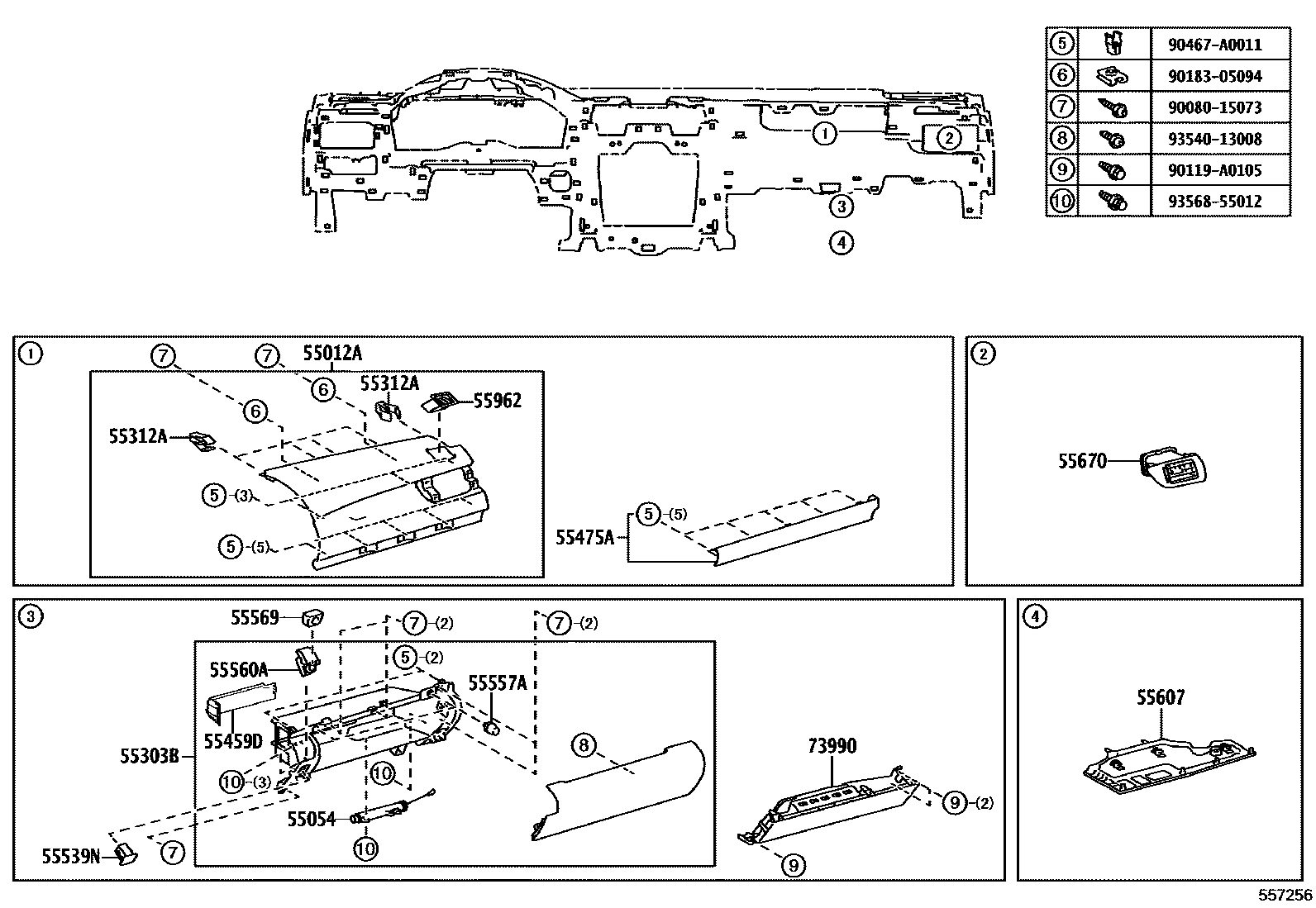 Toyota CAMRY 仪表板和手套箱 EPC diagram — 557256