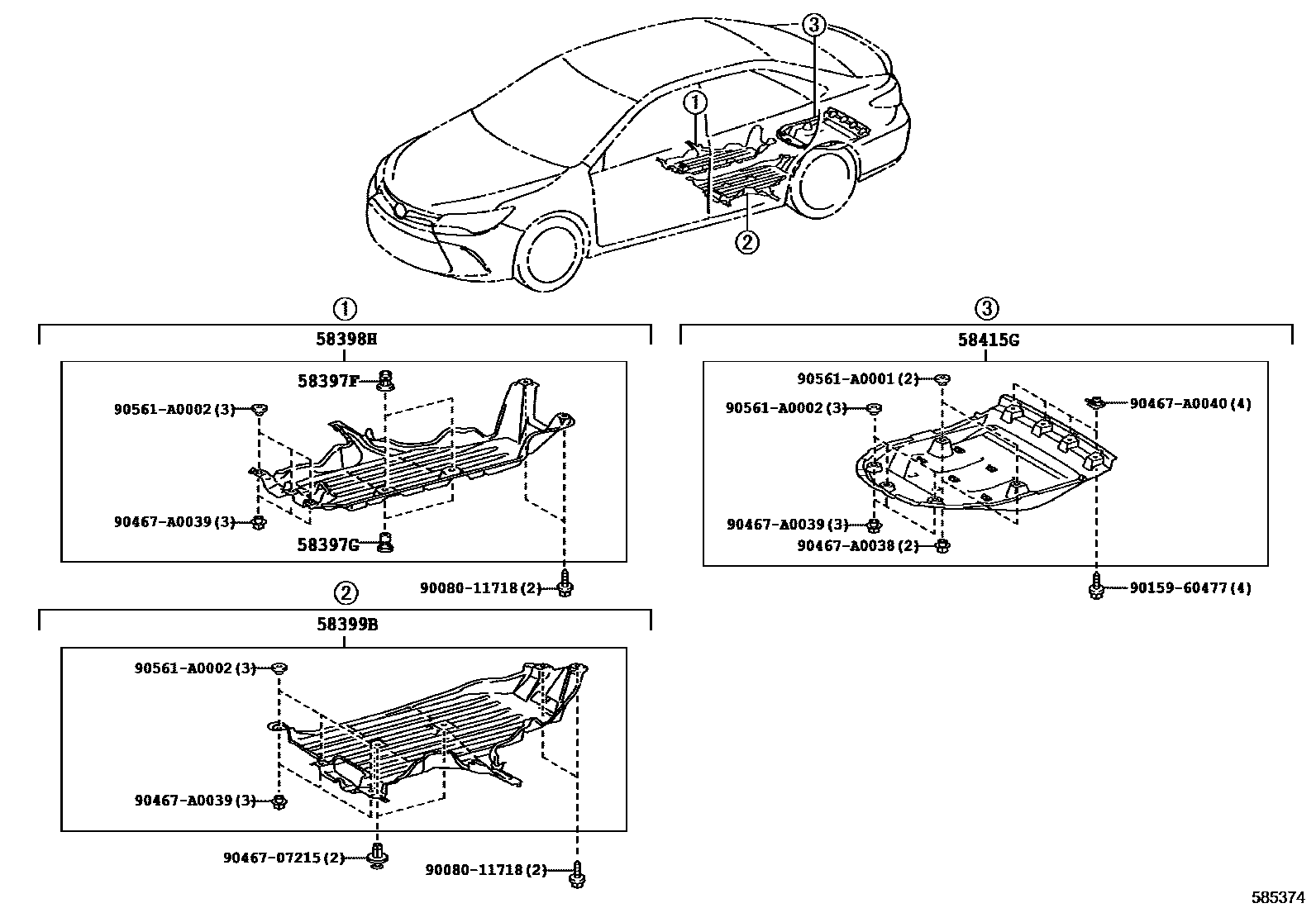 Toyota CAMRY 浅盘形地板和车身下背板 EPC diagram — 585374