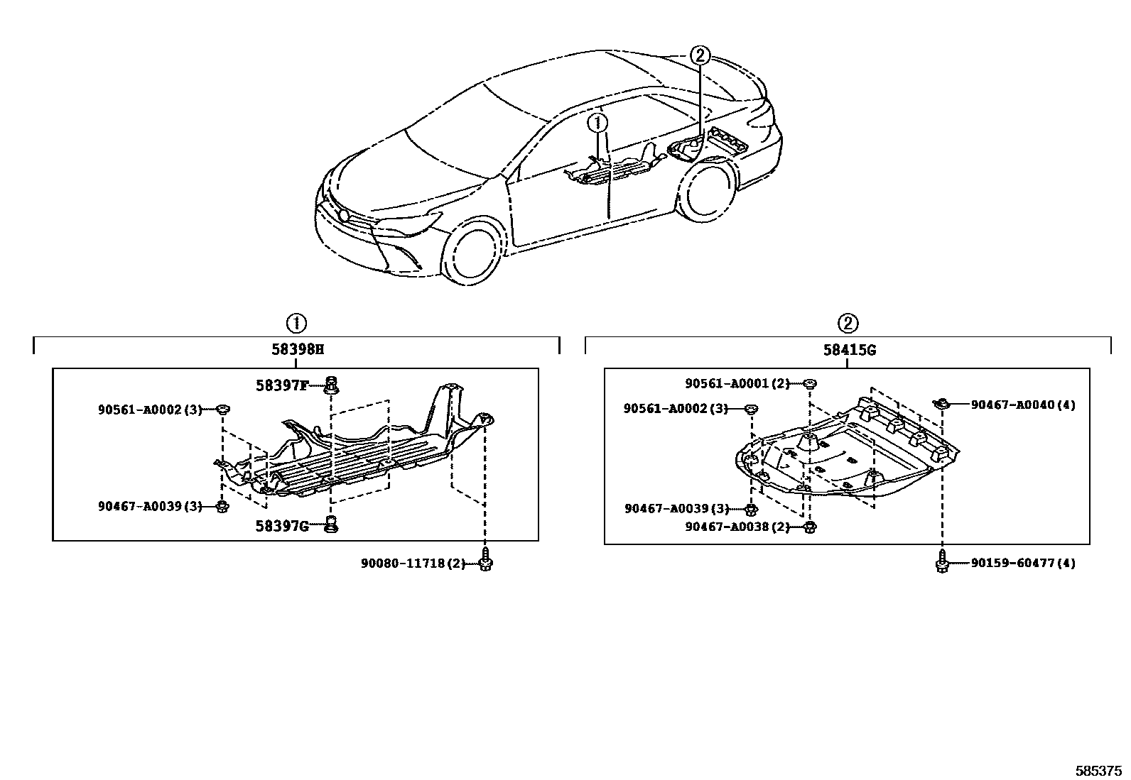 Toyota CAMRY 浅盘形地板和车身下背板 EPC diagram — 585375