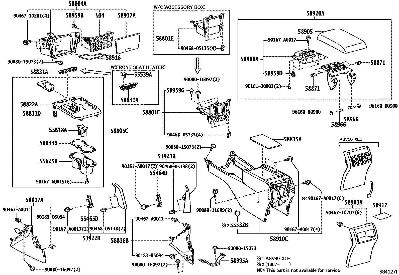 Toyota CAMRY 中央扶手箱和支架 EPC diagram — 584127I