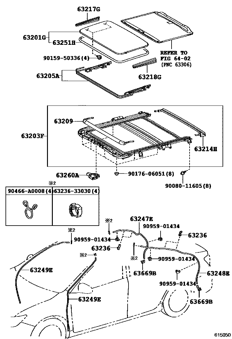 Toyota CAMRY 天窗板和背窗玻璃 EPC diagram — 615050