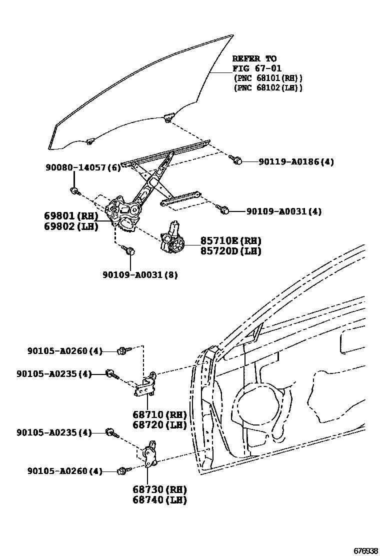 Toyota CAMRY 前门车窗升降器和合页 EPC diagram — 676938