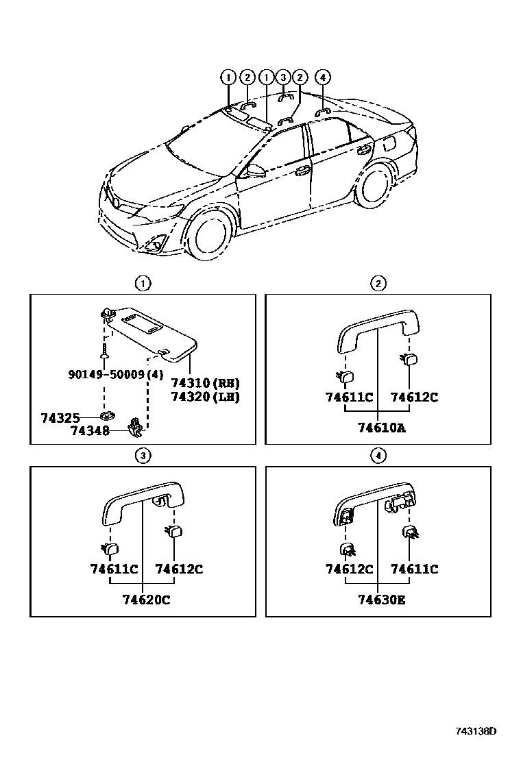 Toyota CAMRY 扶手和遮阳板 EPC diagram — 743138D