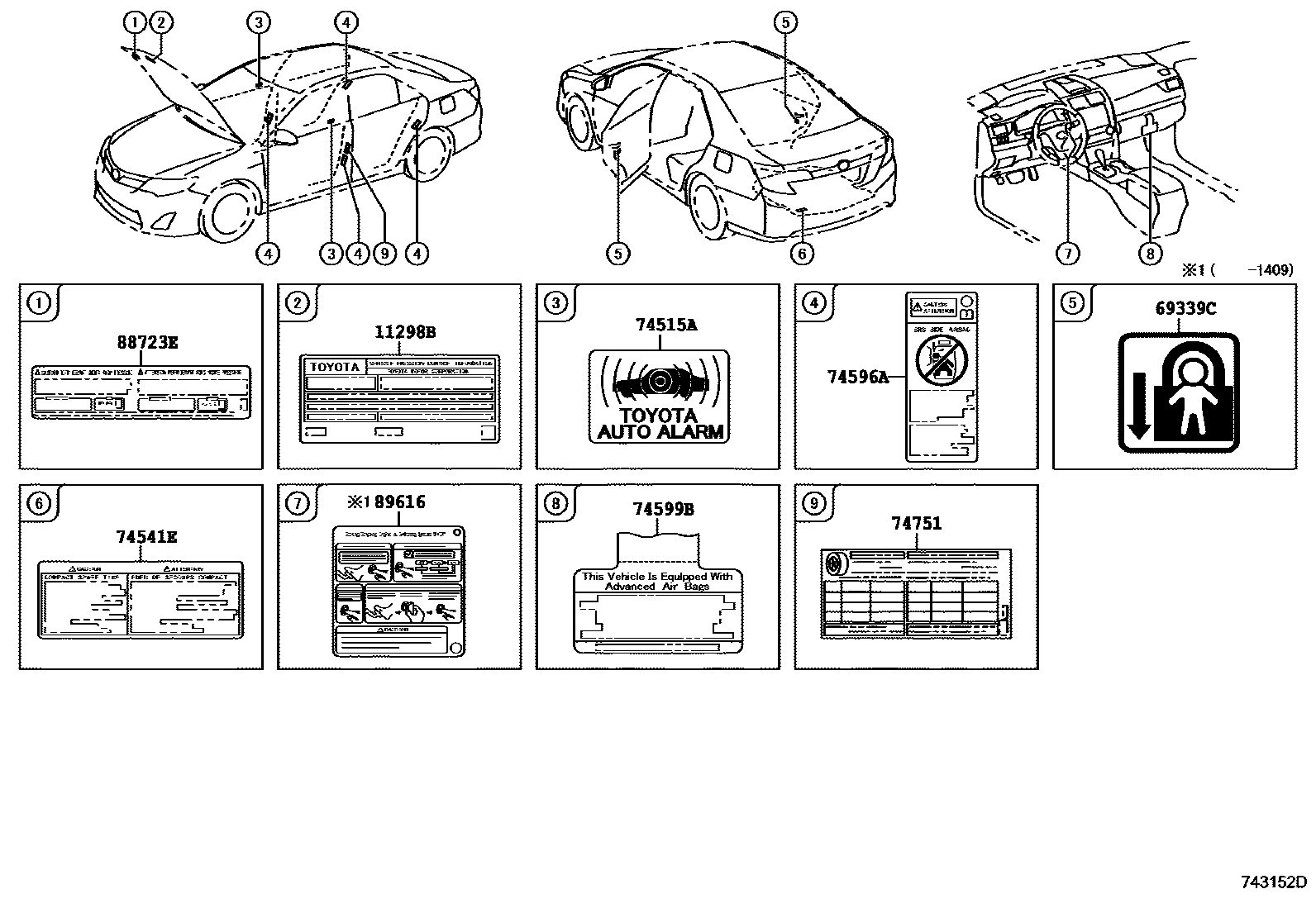 Toyota CAMRY 警示铭牌(车外和车内) EPC diagram — 743152D