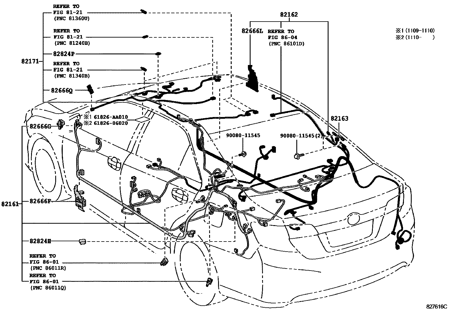 Toyota CAMRY 线束和卡夹 EPC diagram — 827616C