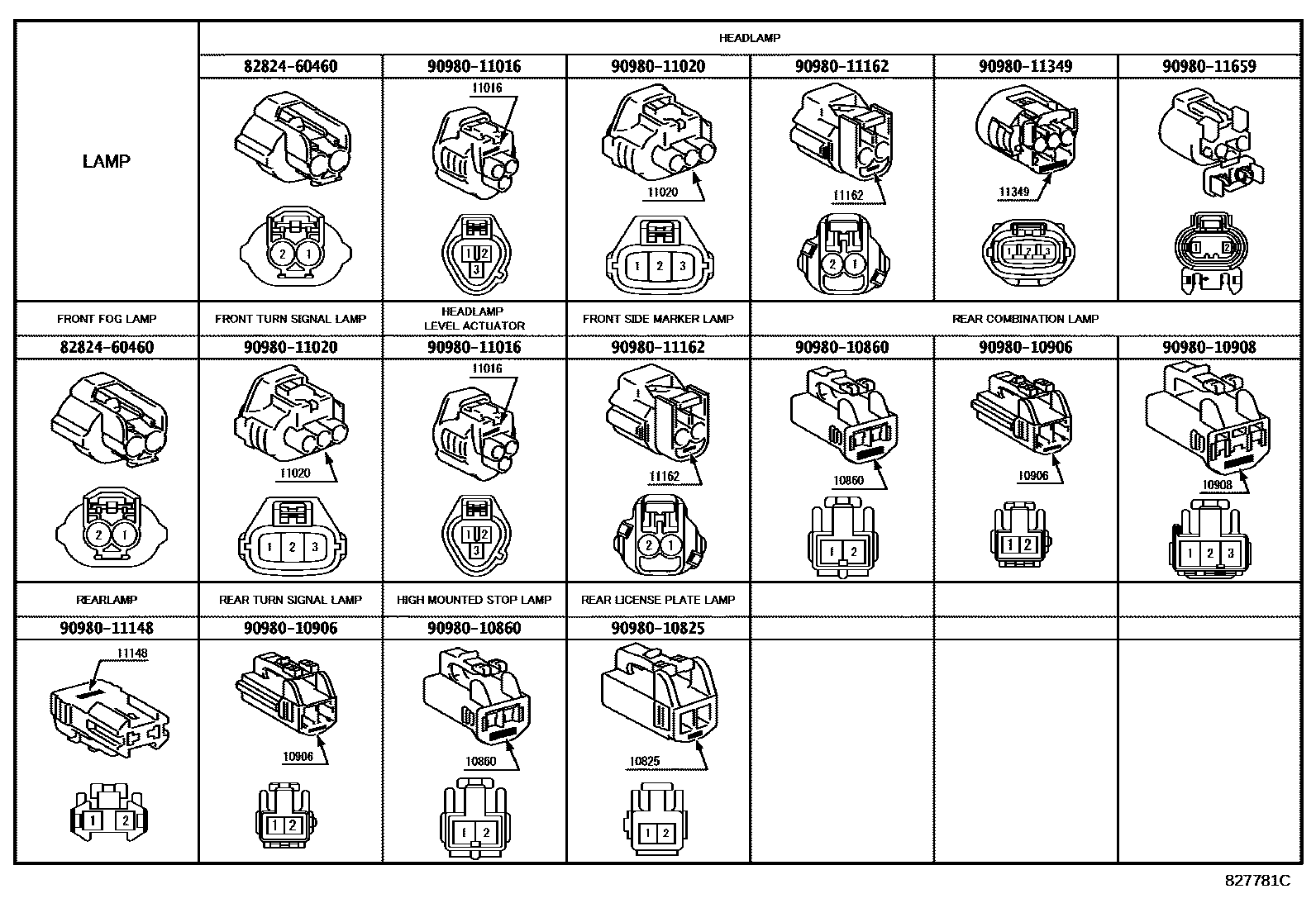 Toyota CAMRY 线束和卡夹 EPC diagram — 827781C