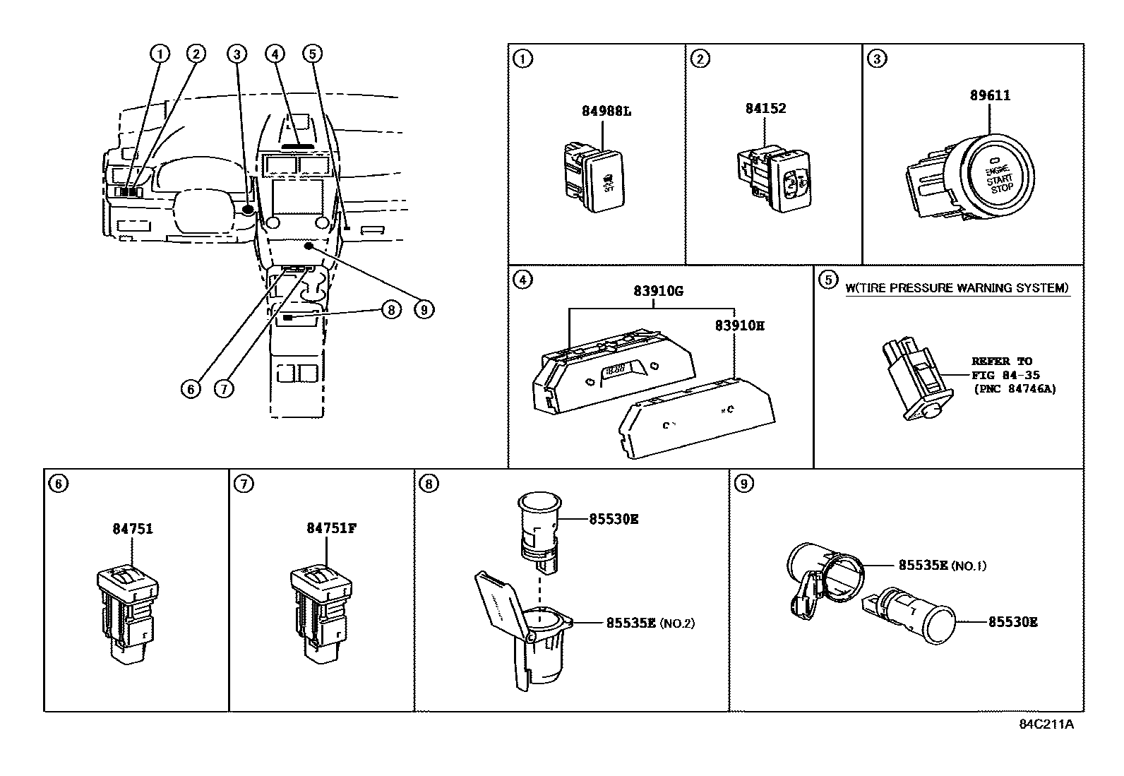 Toyota CAMRY 开关和继电器和ECU EPC diagram — 84C211A