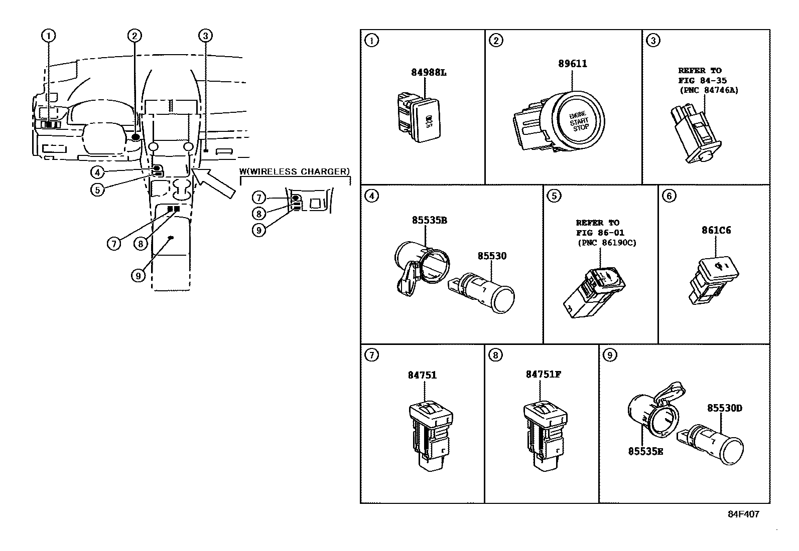 Toyota CAMRY 开关和继电器和ECU EPC diagram — 84F407
