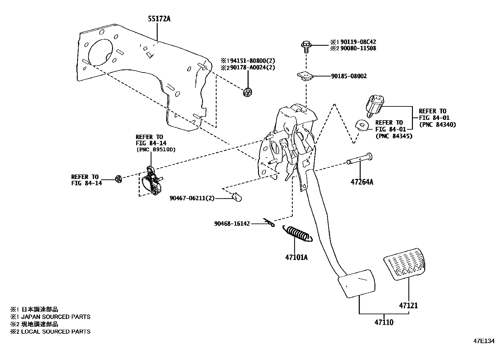 Toyota COROLLA Brake Pedal & Bracket EPC diagram — 47E134