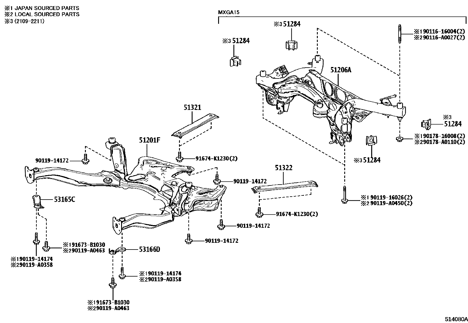 Toyota COROLLA 悬架横梁和发动机底罩 EPC diagram — 514080A