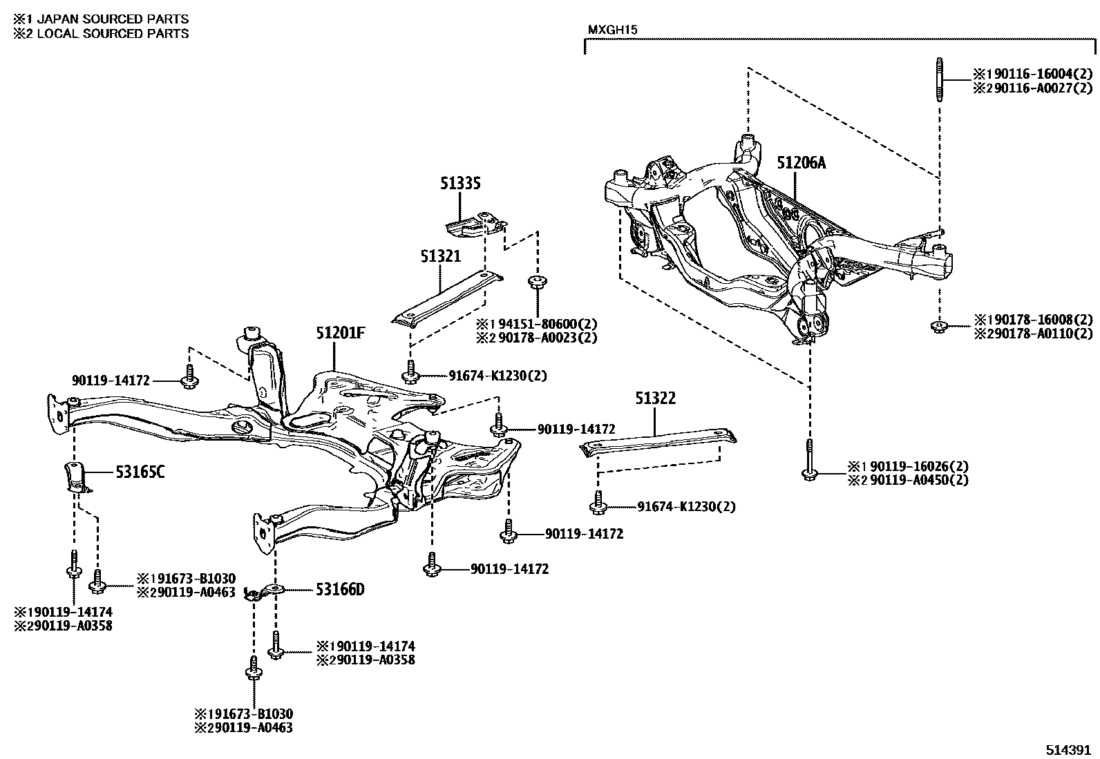 Toyota COROLLA 悬架横梁和发动机底罩 EPC diagram — 514391