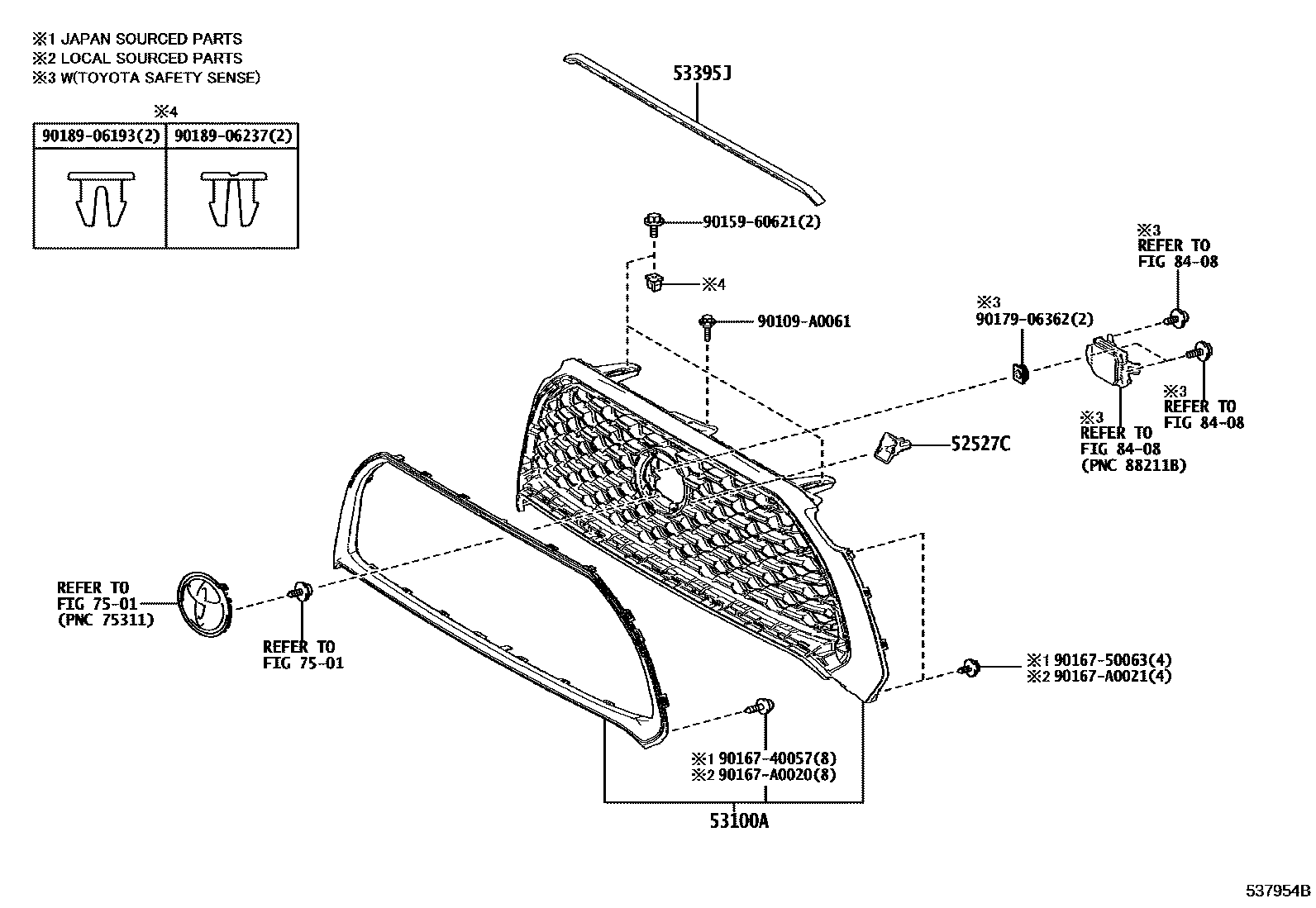 Toyota COROLLA radiator grille EPC diagram — 537954B