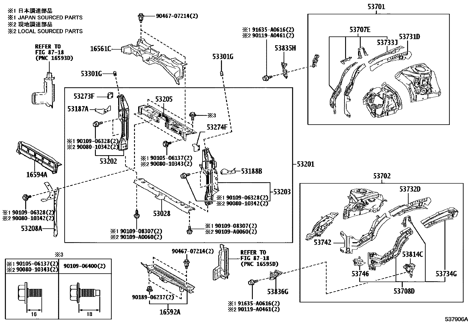 Toyota COROLLA 前翼子板挡泥板和前围板 EPC diagram — 537906A