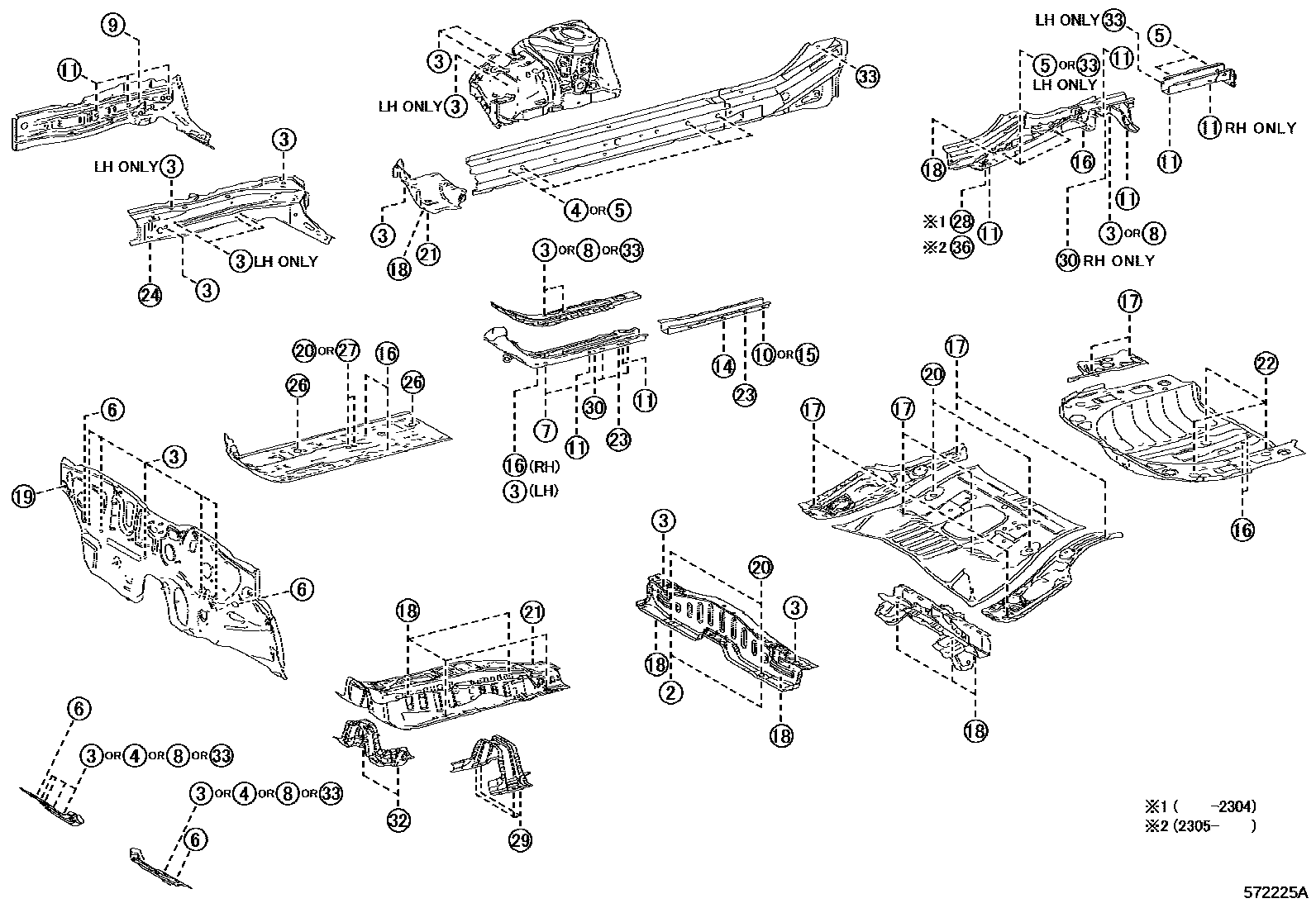 Toyota COROLLA hole plug EPC diagram — 572225A