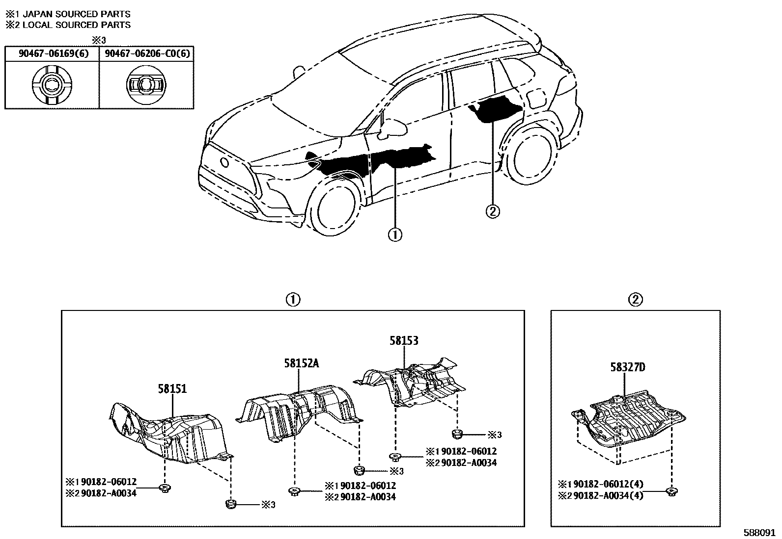 Toyota COROLLA 地板隔热垫 EPC diagram — 588091