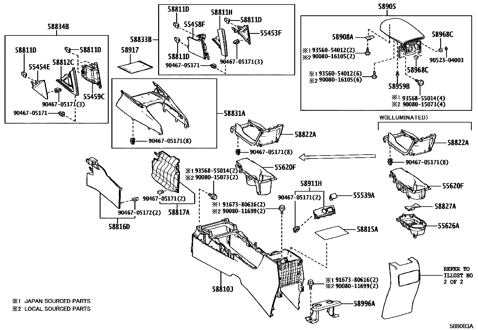 Toyota COROLLA 中央扶手箱和支架 EPC diagram — 588083A
