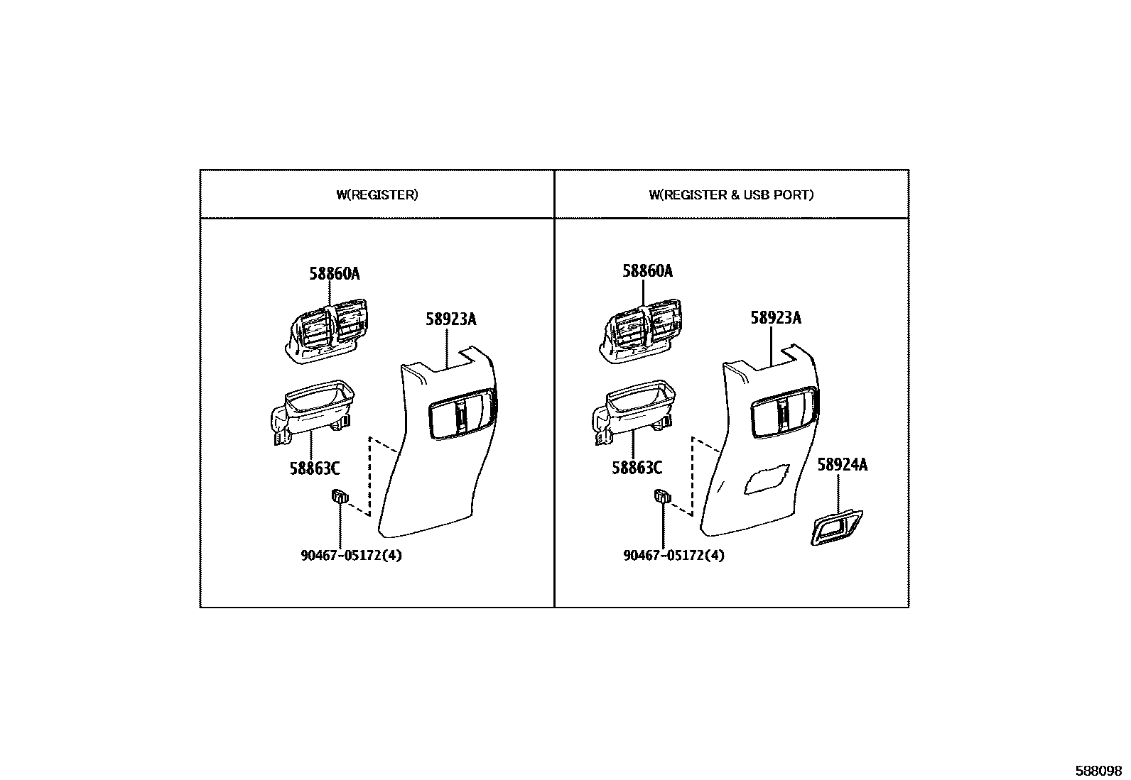 Toyota COROLLA 中央扶手箱和支架 EPC diagram — 588098