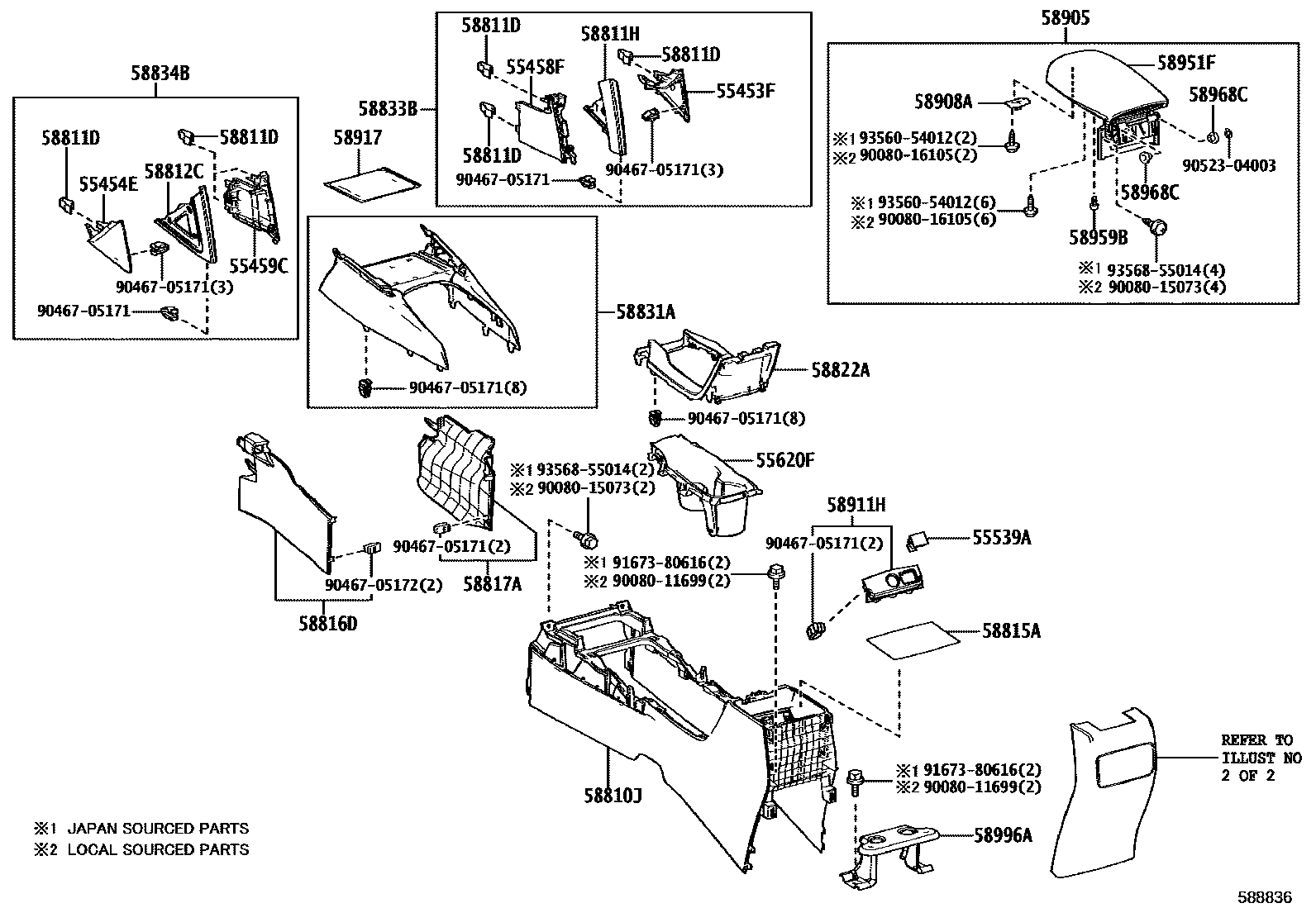 Toyota COROLLA 中央扶手箱和支架 EPC diagram — 588836