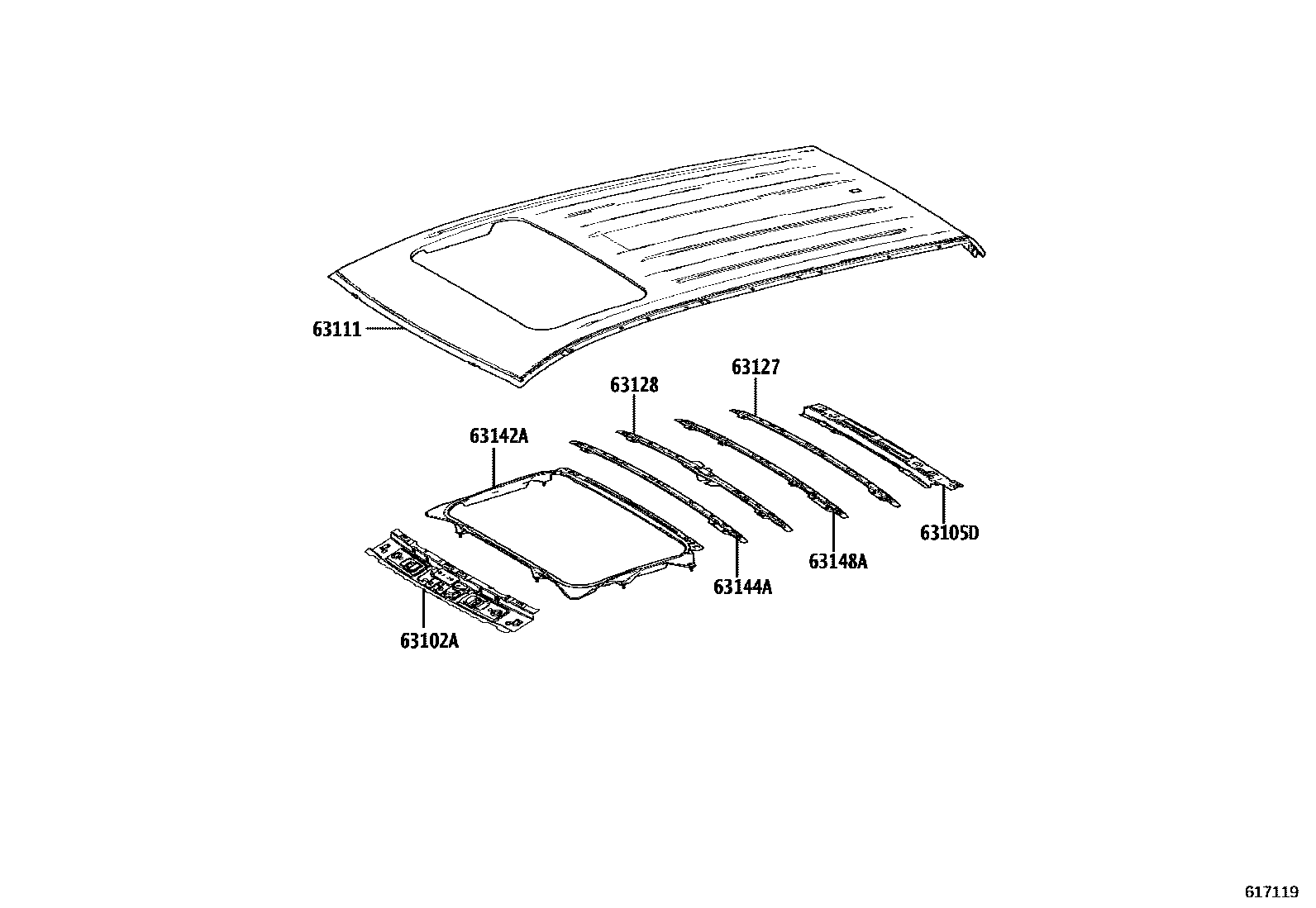 Toyota COROLLA 天窗板和背窗玻璃 EPC diagram — 617119