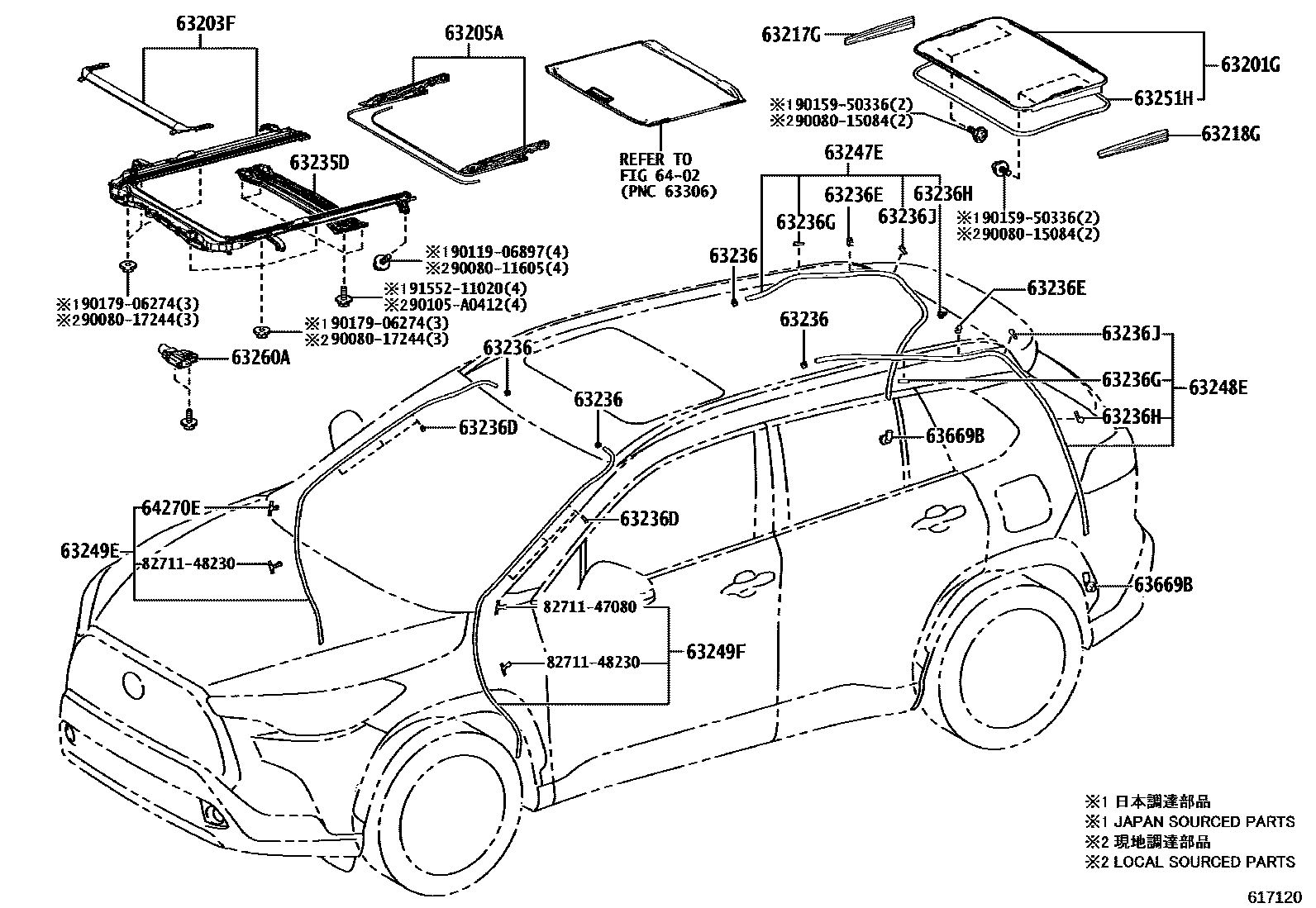 Toyota COROLLA 天窗板和背窗玻璃 EPC diagram — 617120