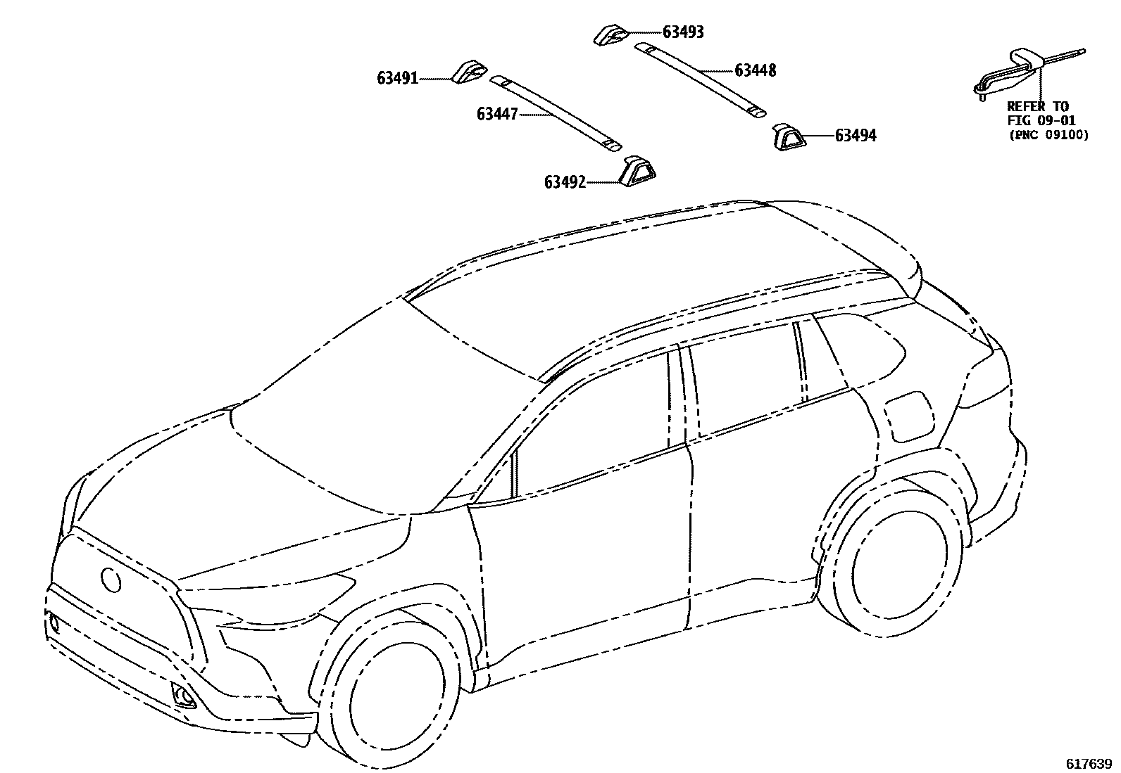 Toyota COROLLA 天窗板和背窗玻璃 EPC diagram — 617639