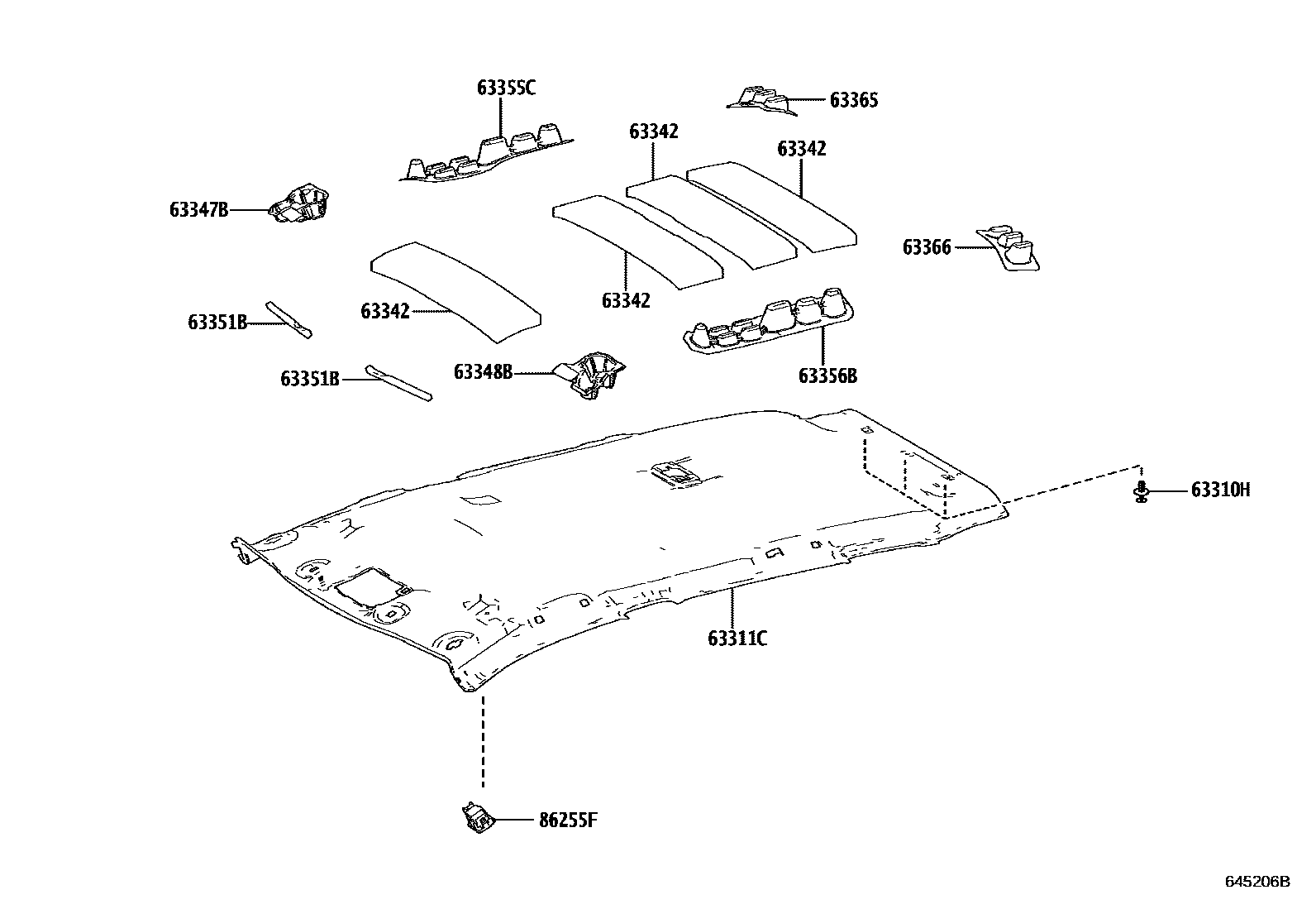 Toyota COROLLA 车顶内衬和消声垫 EPC diagram — 645206B