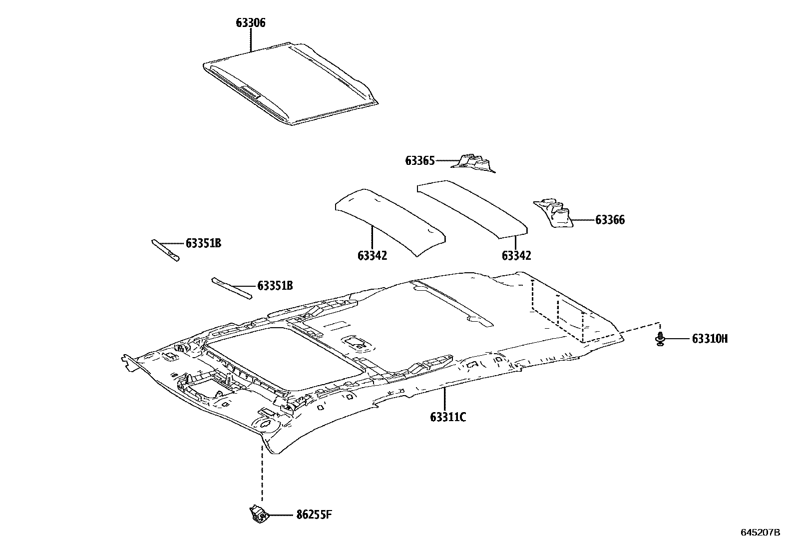 Toyota COROLLA 车顶内衬和消声垫 EPC diagram — 645207B