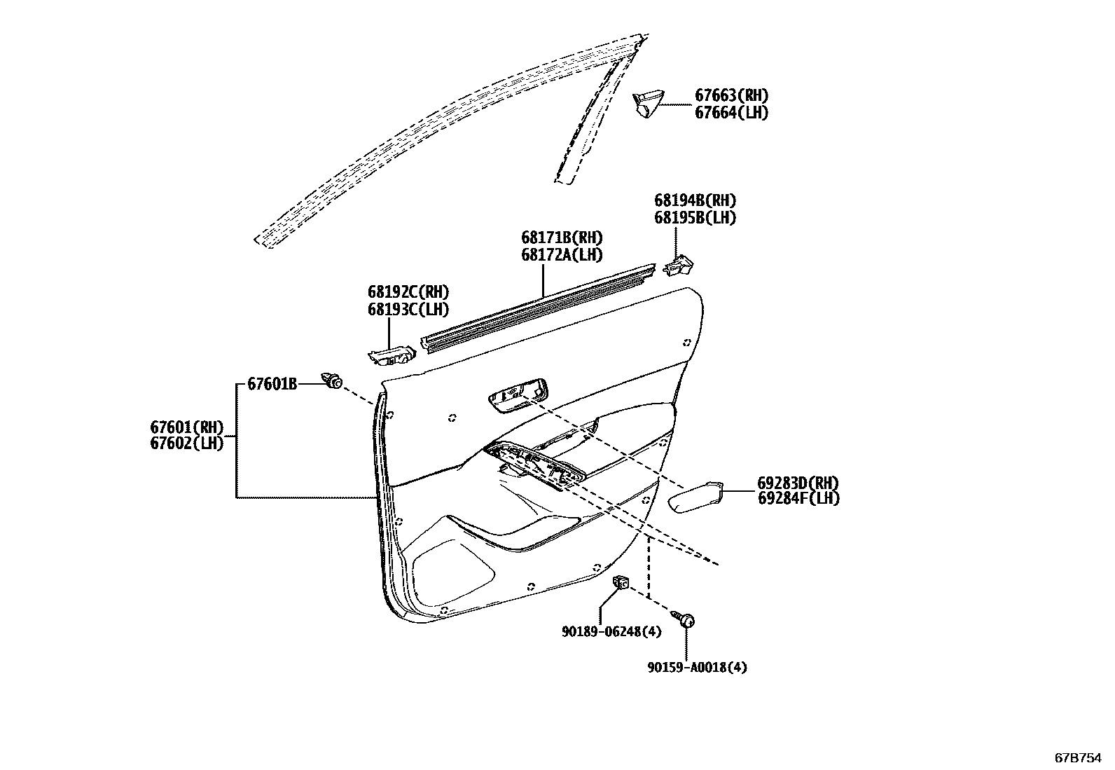 Toyota COROLLA 前门板和前门玻璃 EPC diagram — 67B754