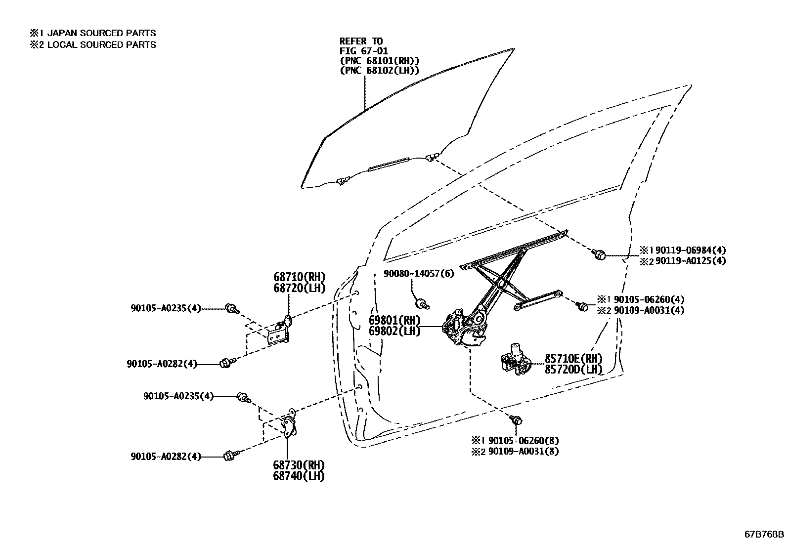 Toyota COROLLA 前门车窗升降器和合页 EPC diagram — 67B768B