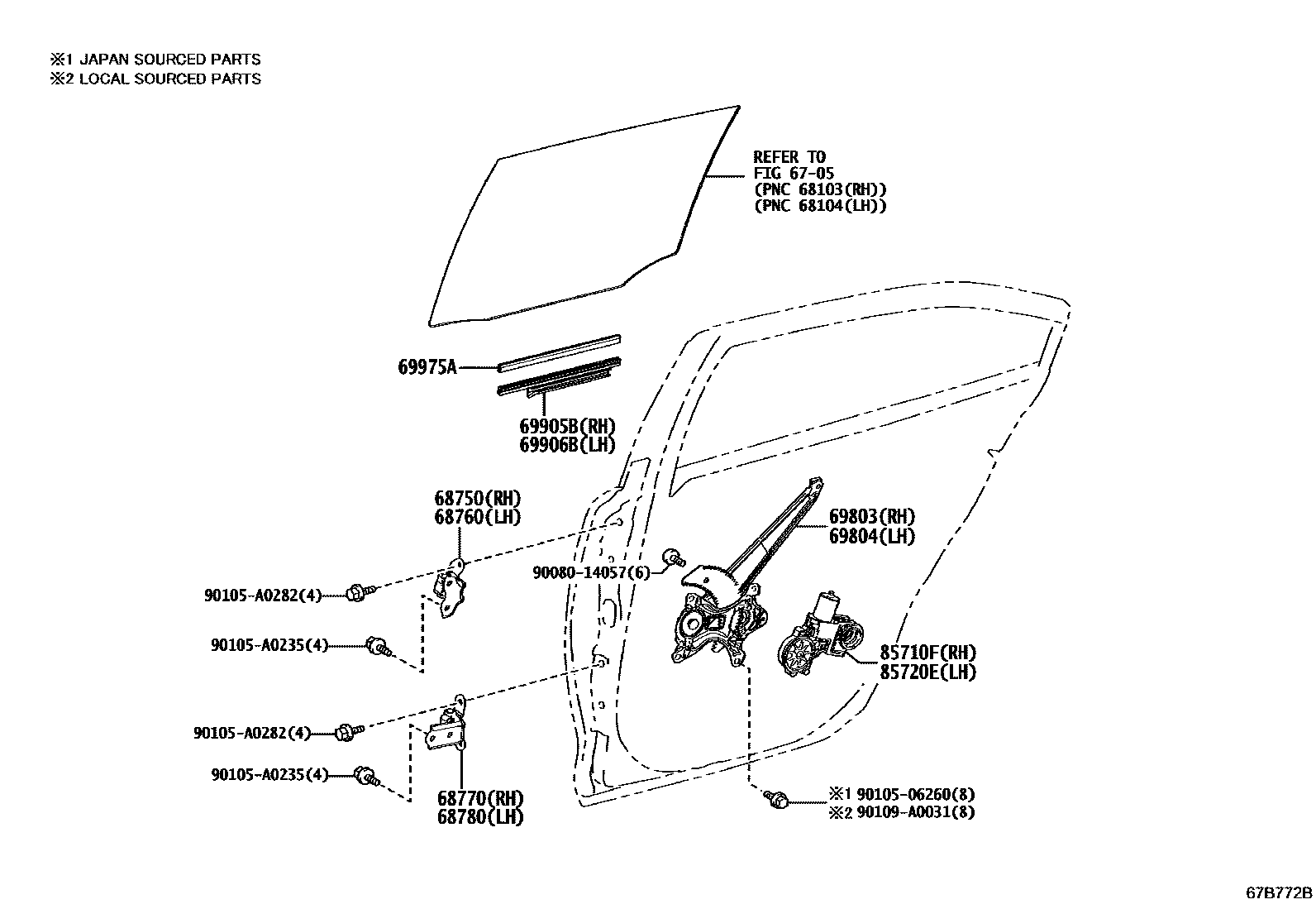 Toyota COROLLA 后门车窗升降器和合页 EPC diagram — 67B772B