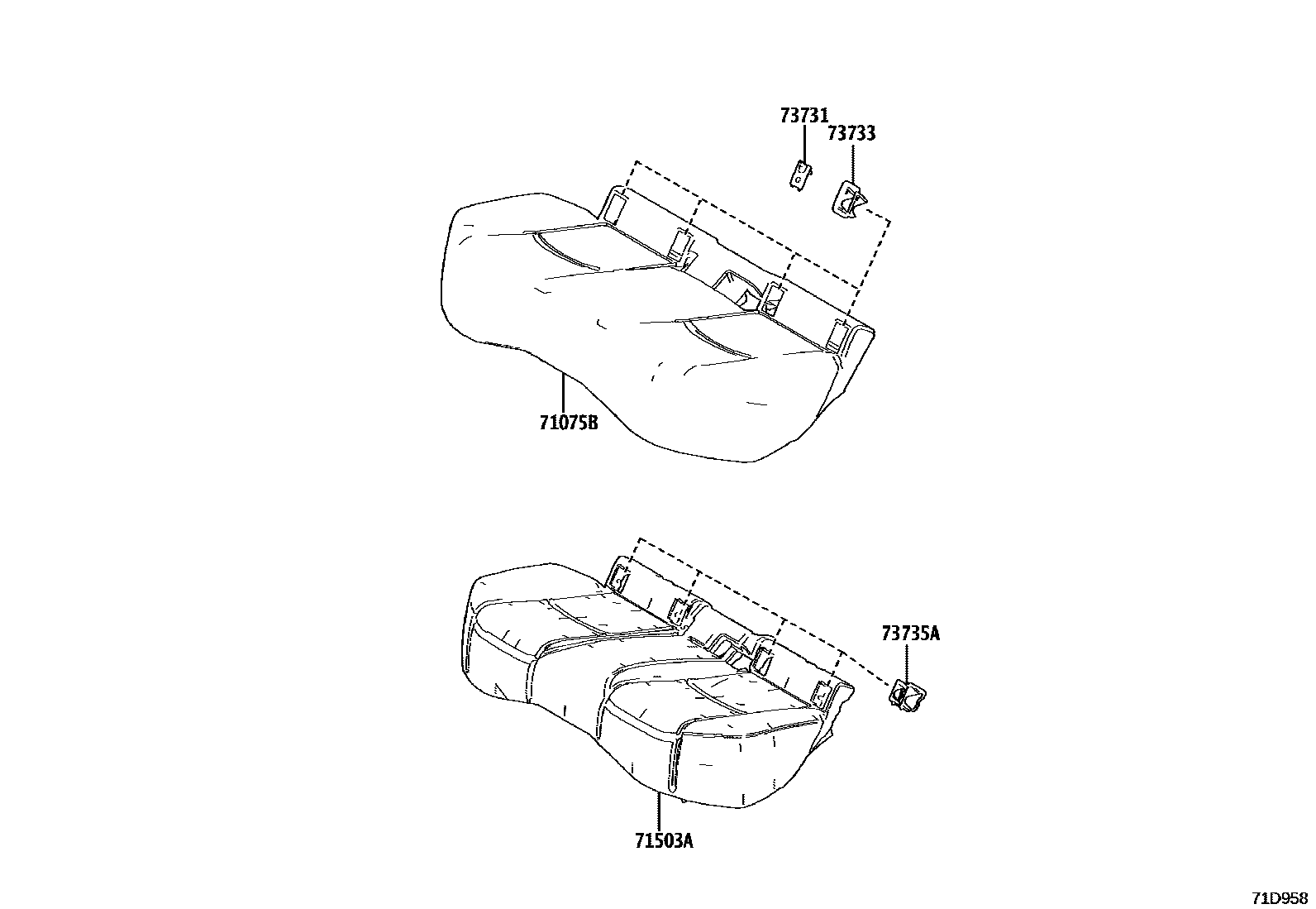 Toyota COROLLA 后排座椅和座椅滑轨 EPC diagram — 71D958