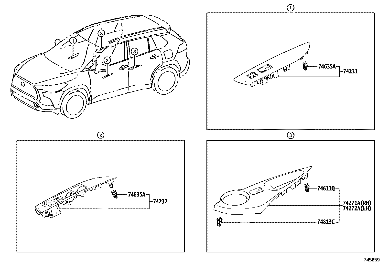 Toyota COROLLA 扶手和遮阳板 EPC diagram — 745859