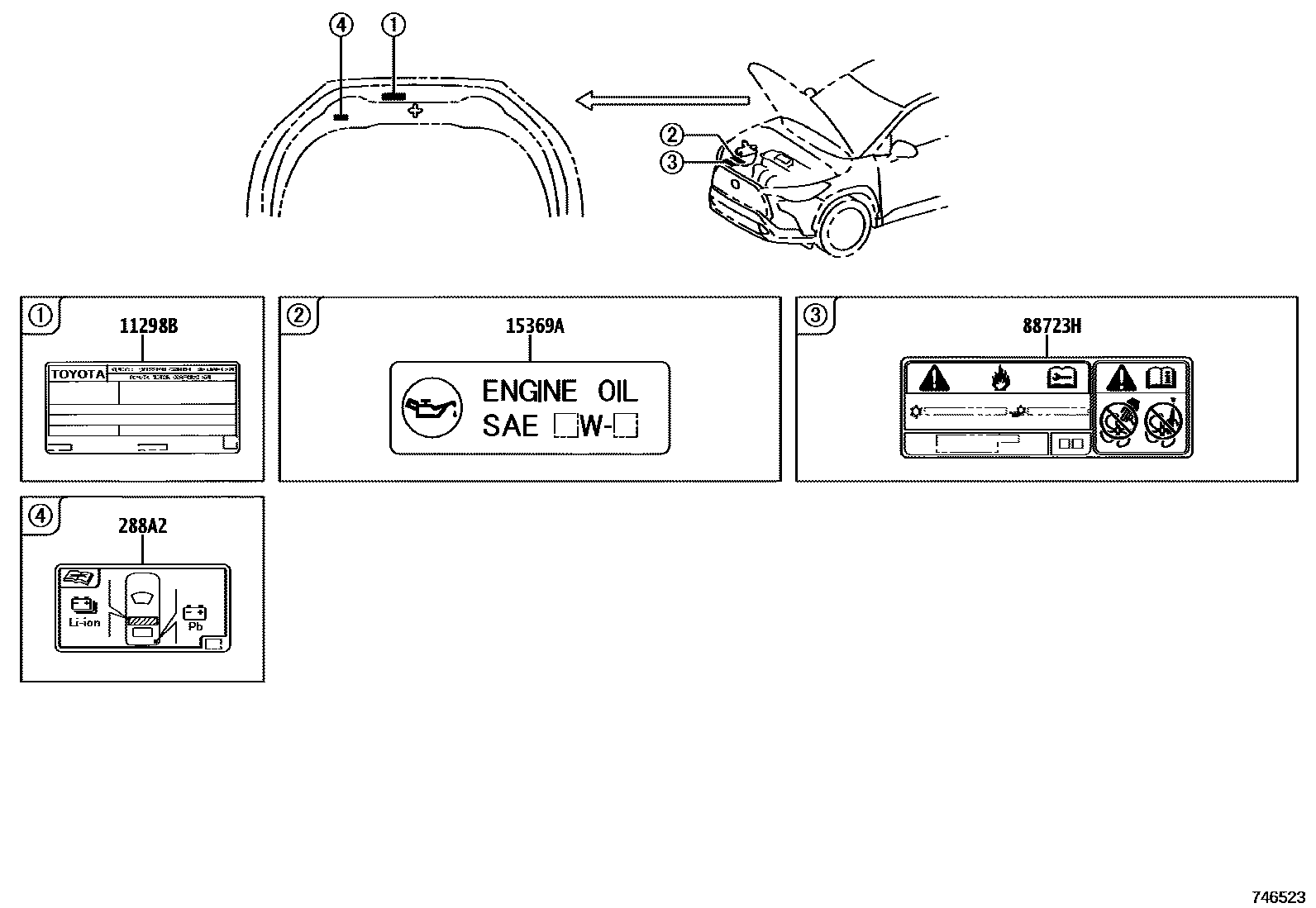 Toyota COROLLA 警示铭牌(车外和车内) EPC diagram — 746523