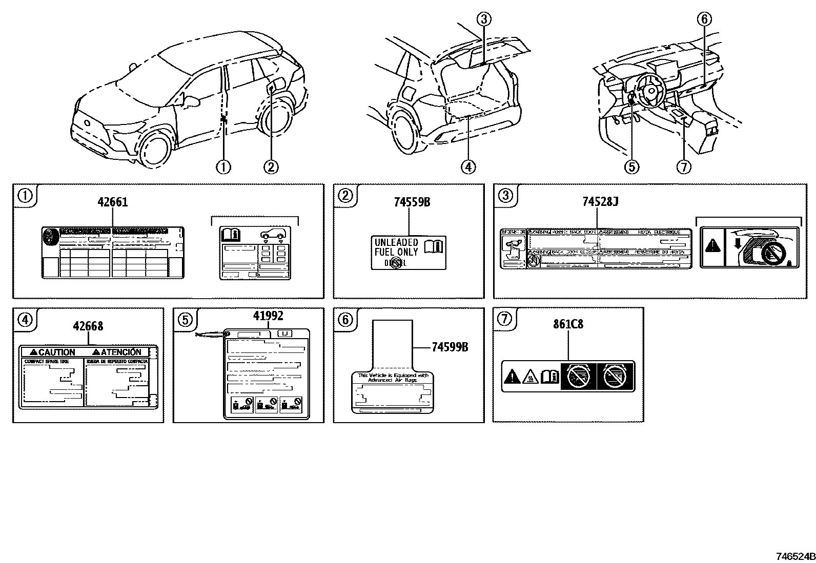 Toyota COROLLA 警示铭牌(车外和车内) EPC diagram — 746524B